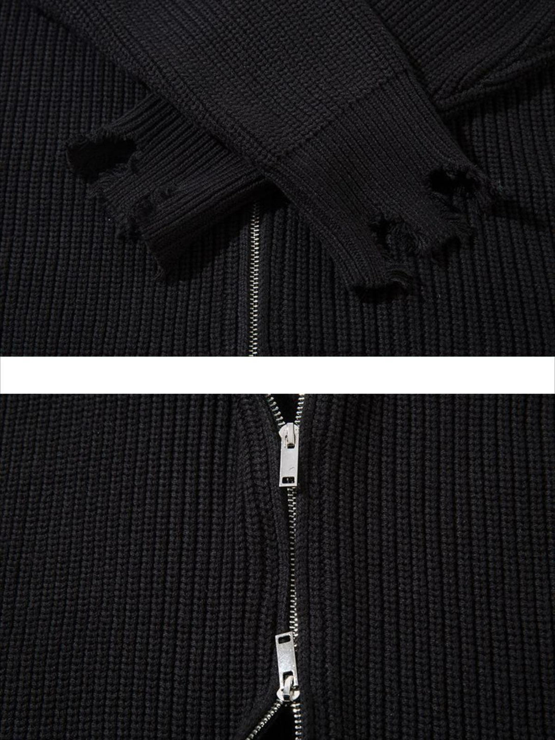 Focusing on the distressed cuffs and zipper of the black ribbed sweater by TALISHKO.