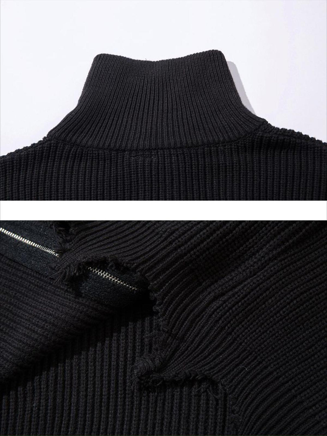 A close-up of the black ribbed sweater's high neckline and distressed details by TALISHKO.