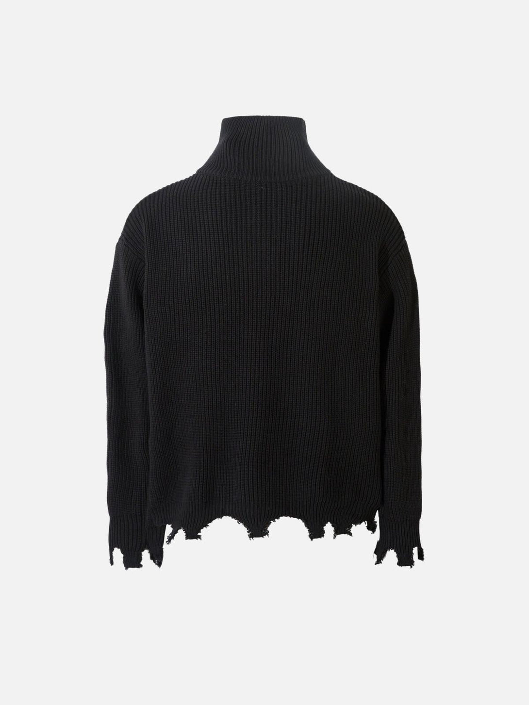 Back view of a black vintage-style sweater with distressed hem detailing by TALISHKO.