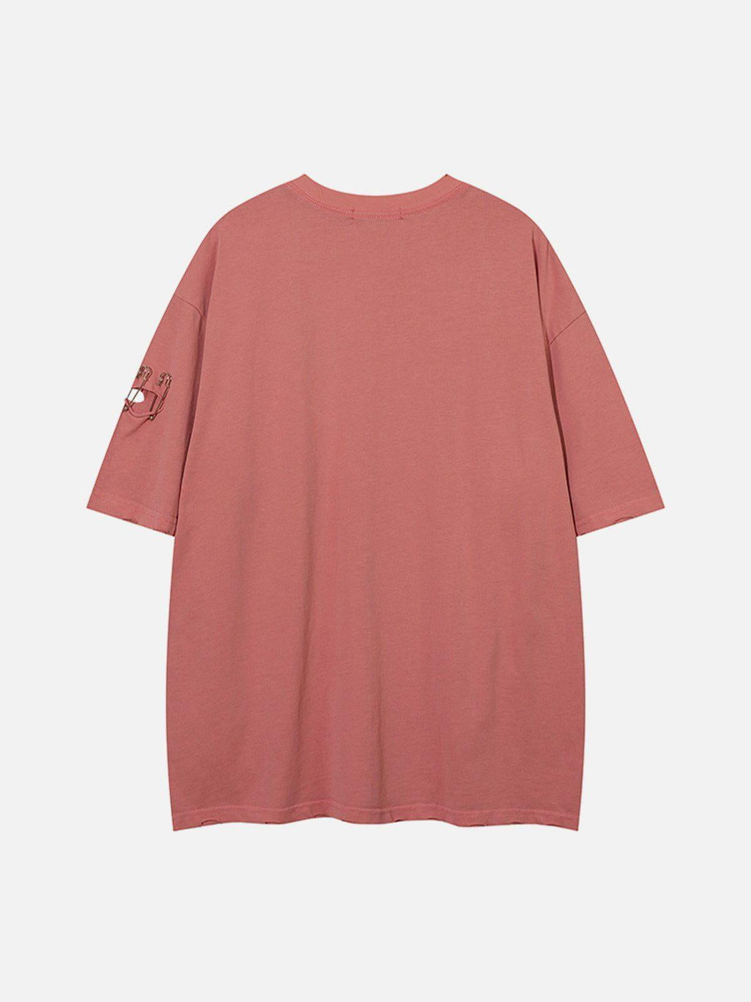 Back view of a pink tee with safety pin accents by TALISHKO, ideal for casual summer vibes.