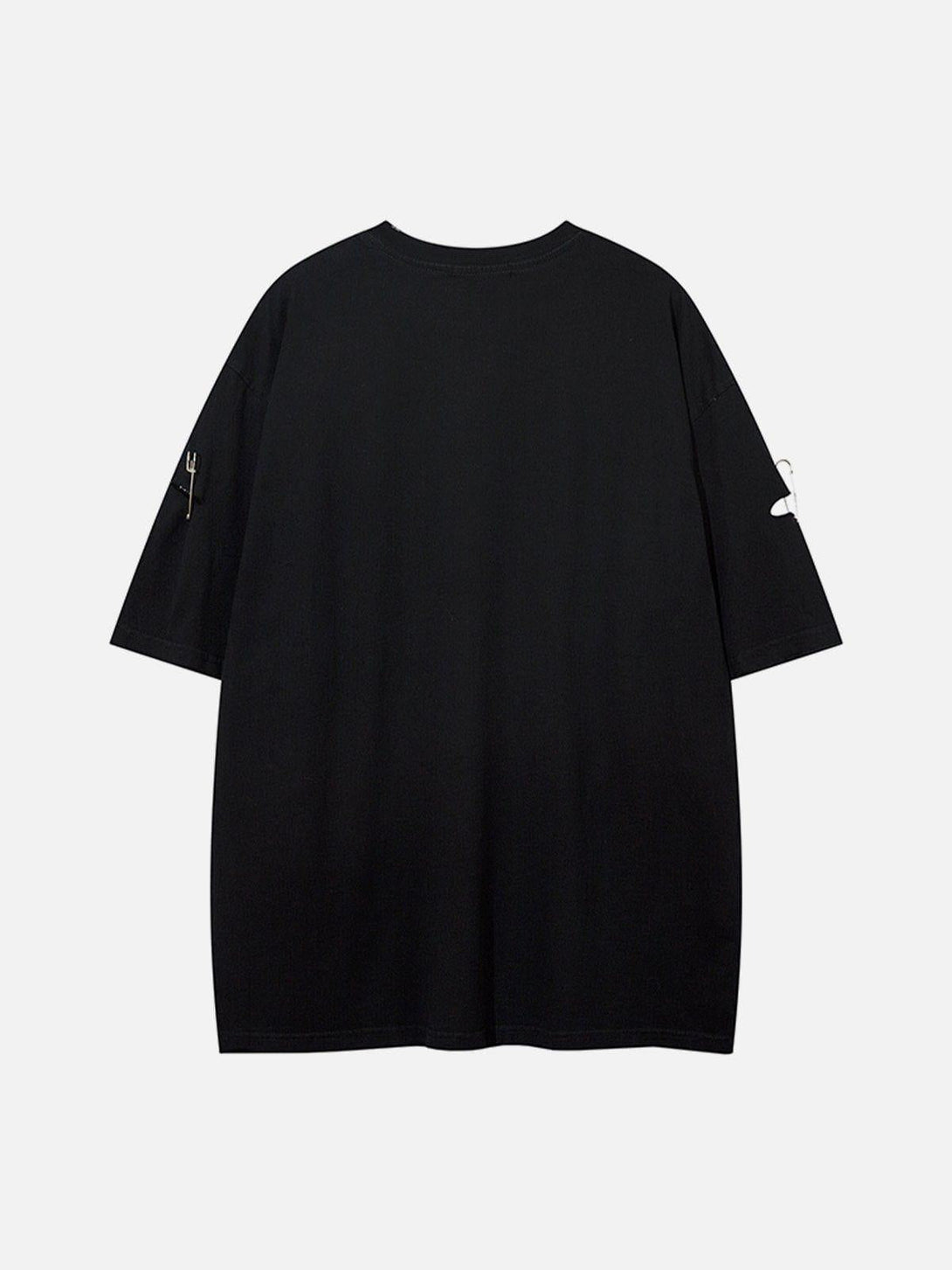 Back view of a black tee featuring unique safety pin details, crafted by TALISHKO.