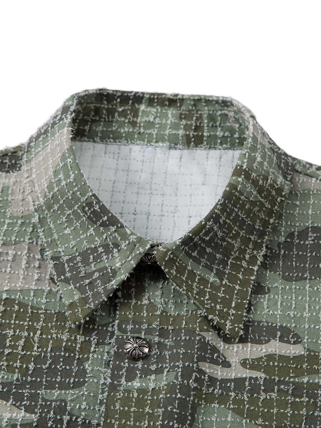 A detailed view of the textured camouflage shirt by TALISHKO, highlighting the unique pattern.