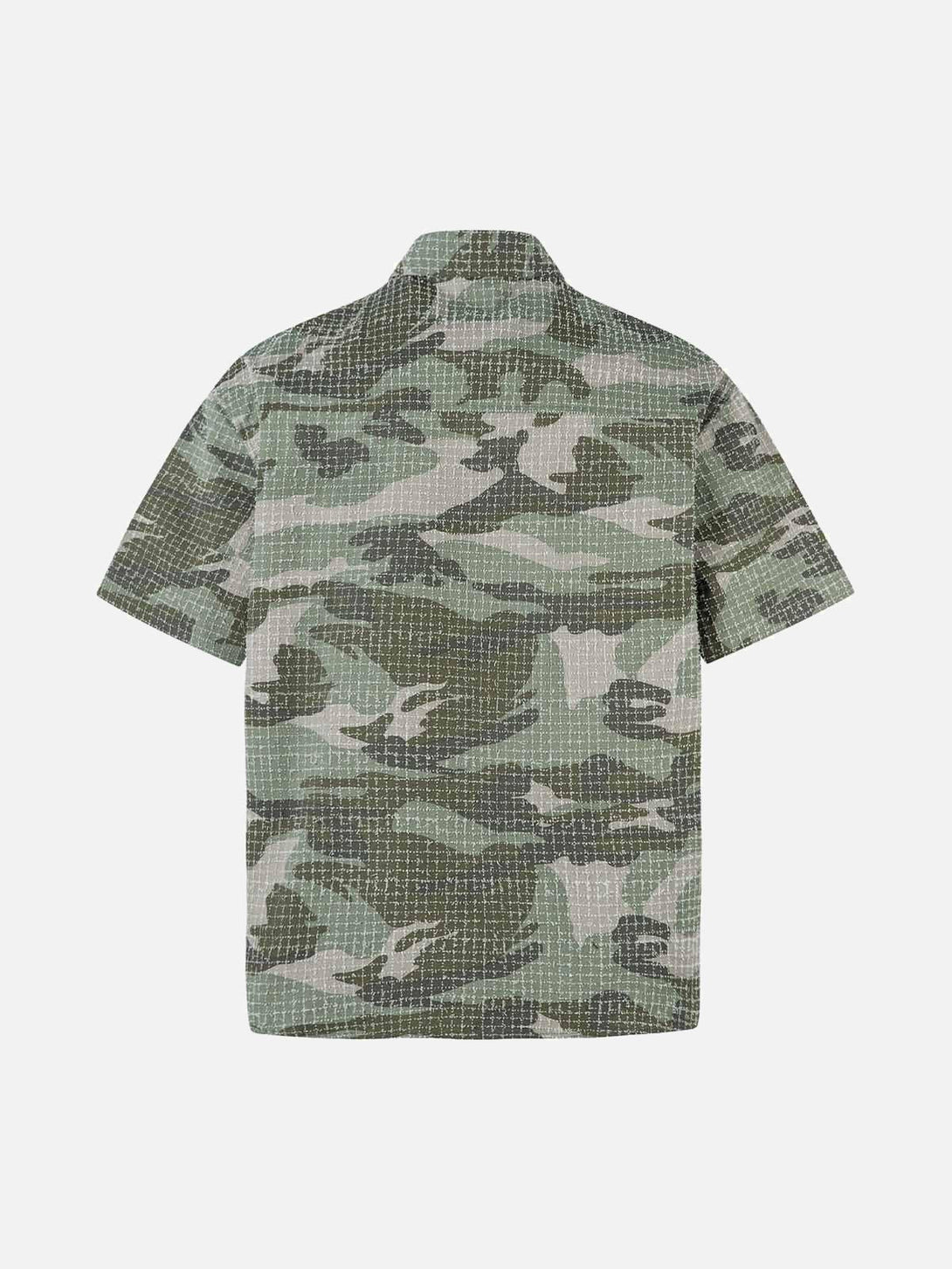 Back view of a washed camouflage short sleeve shirt by TALISHKO, ideal for a casual look.