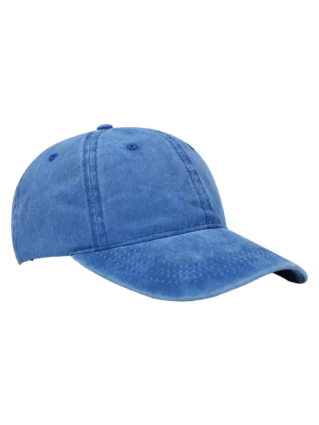 Side view of a blue washed canvas cap by TALISHKO, adding a casual touch to any outfit.