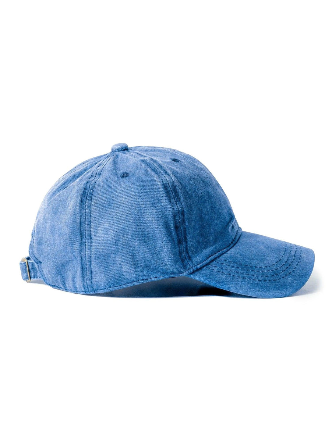 Side view of a blue washed canvas cap by TALISHKO, perfect for a laid-back look.