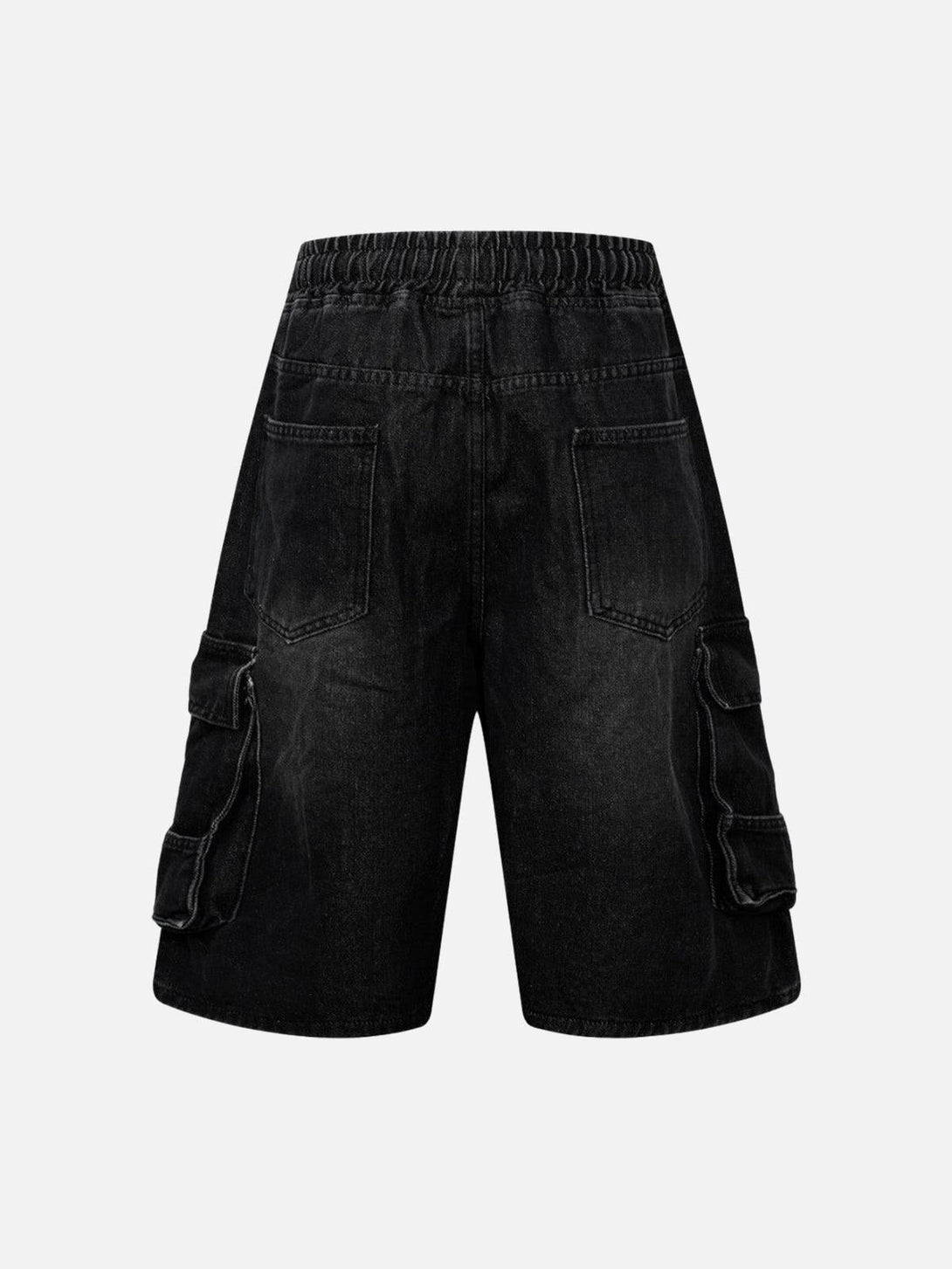 Back view of TALISHKO black washed denim cargo shorts, highlighting pockets and elastic waist.