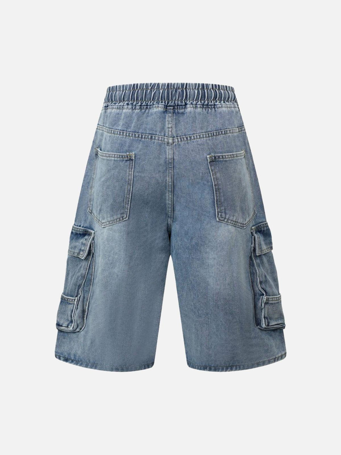 Back view of TALISHKO washed cargo denim shorts with elastic waistband and multiple pockets.