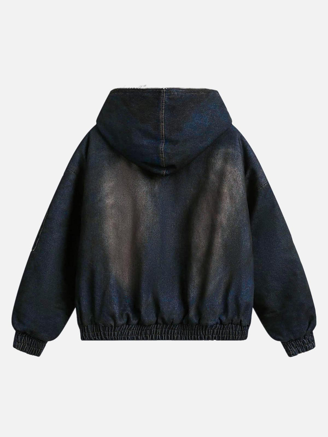 Back view of a washed denim hooded jacket by TALISHKO, showcasing a relaxed and casual fit.