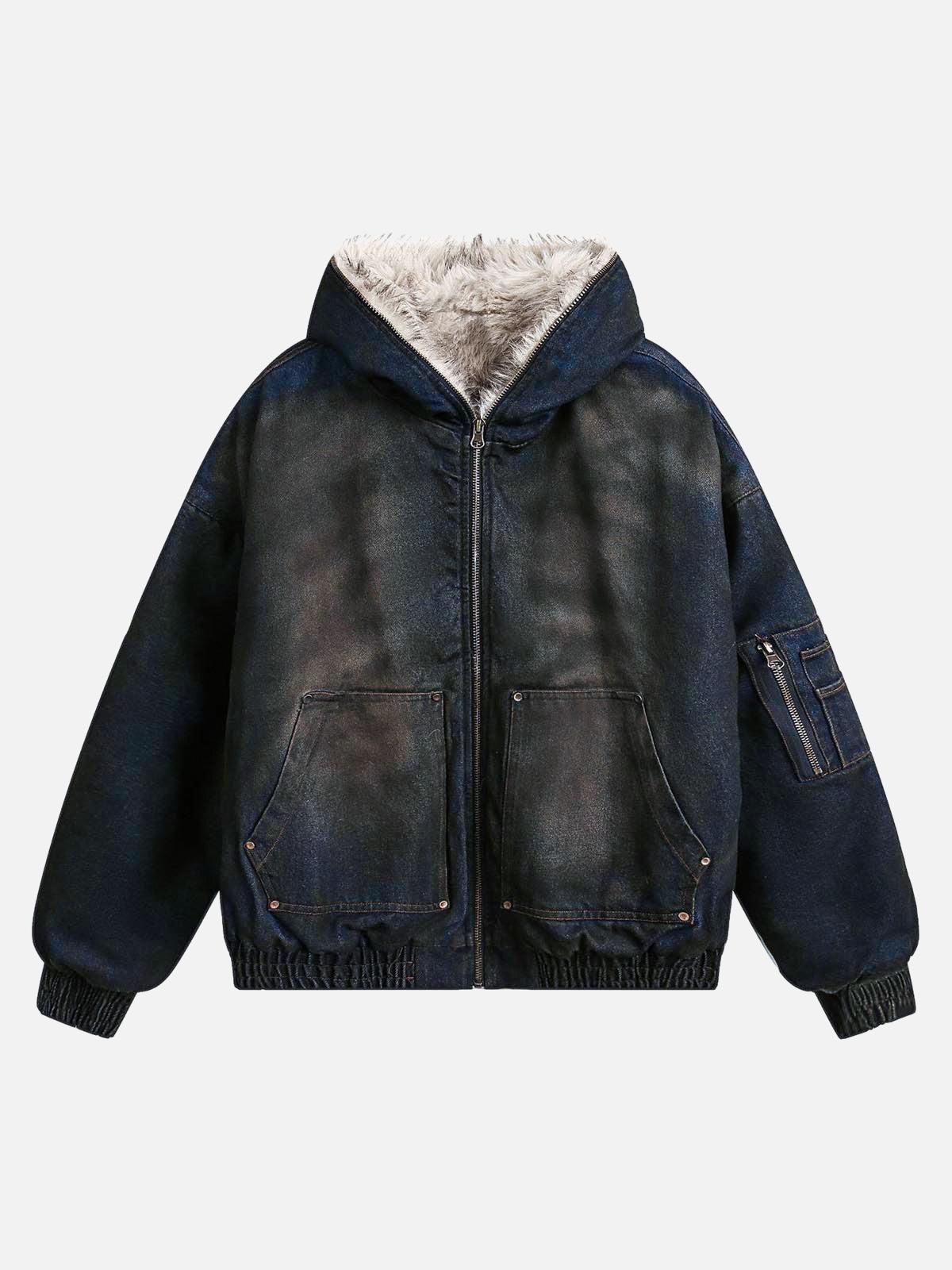 TALISHKO Washed Denim Fur Hooded Jacket