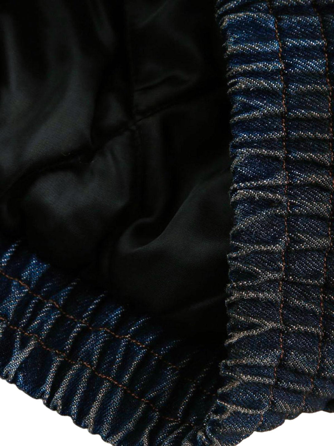 Elastic cuff detail of TALISHKO's jacket, featuring durable washed denim and stitching.