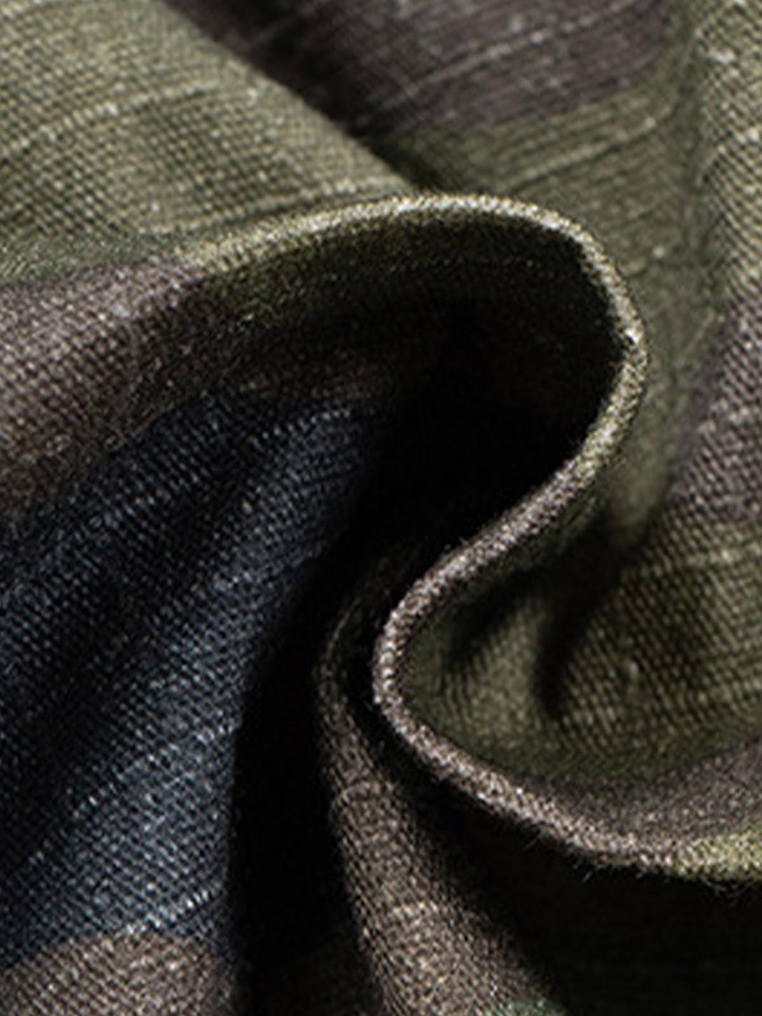 Texture and pattern showcased in TALISHKO's washed camouflage cargo shorts fabric detail.