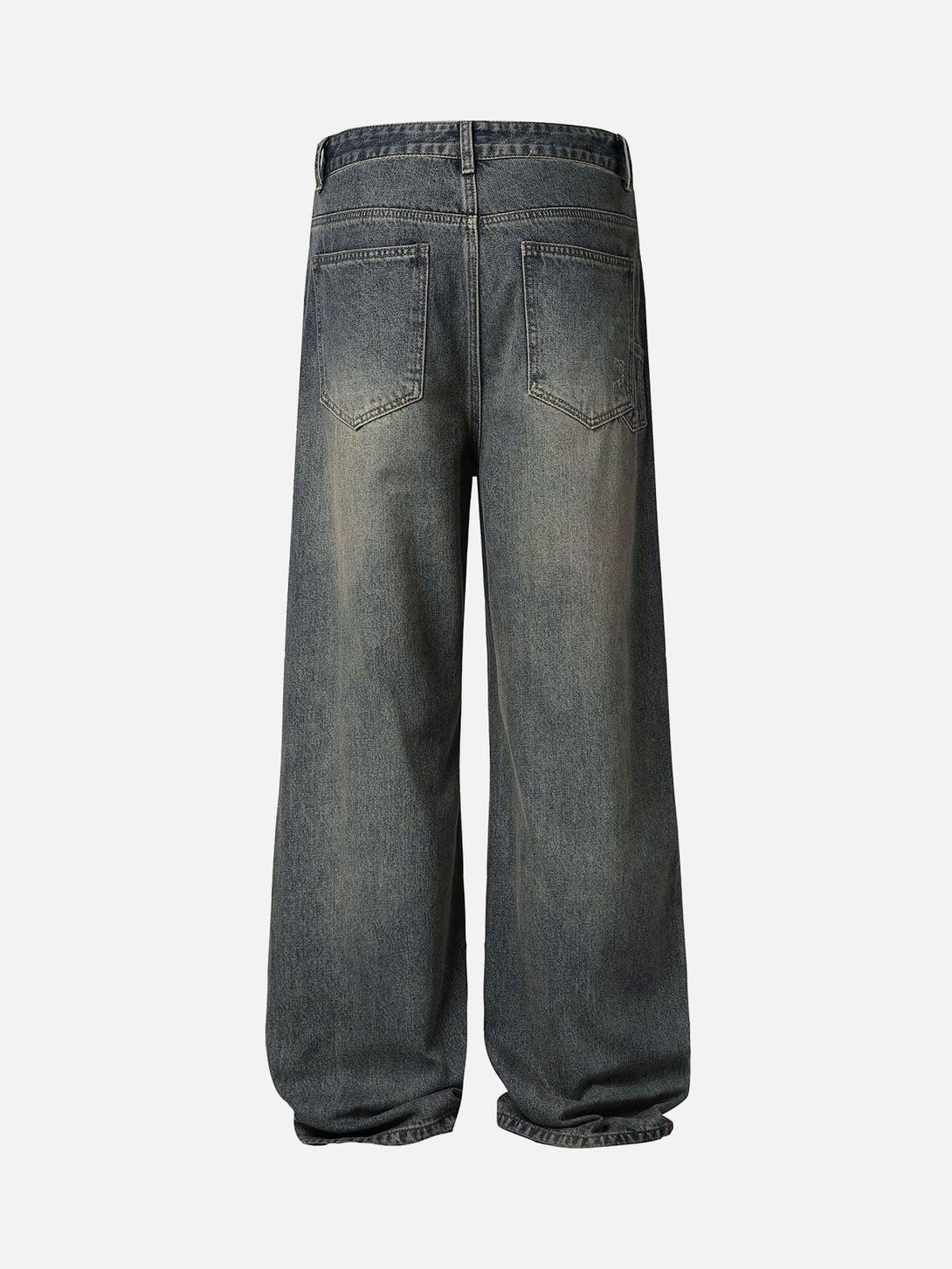 Back view of TALISHKO washed dirty-dye straight jeans, highlighting their relaxed fit.