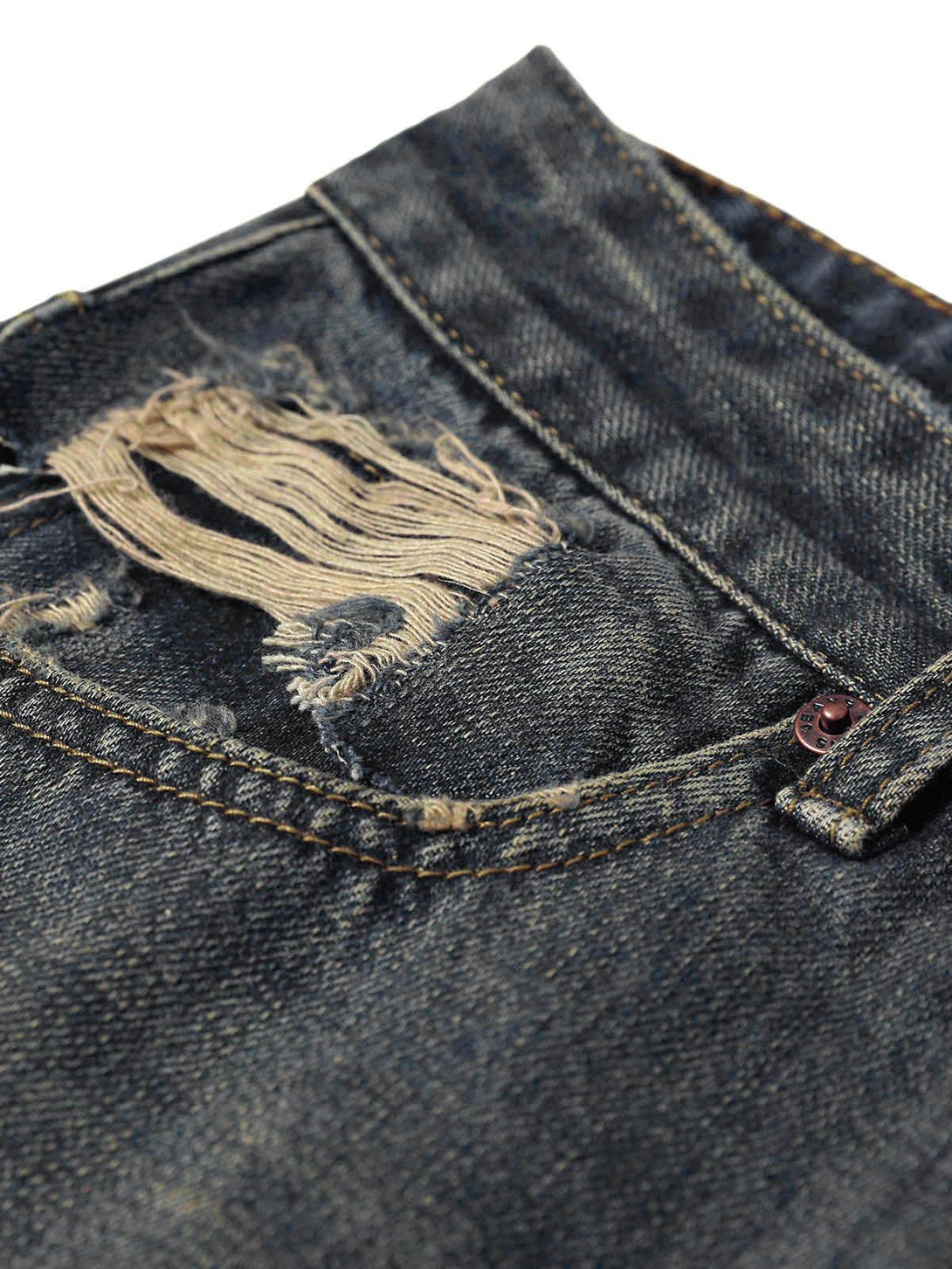 A detailed view of TALISHKO washed straight jeans, showcasing distressed fabric and stitching.