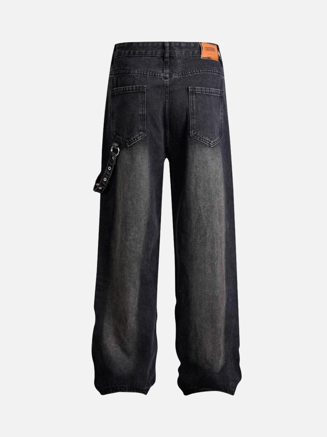 Back view of black washed distressed baggy jeans by TALISHKO, showcasing a relaxed fit.