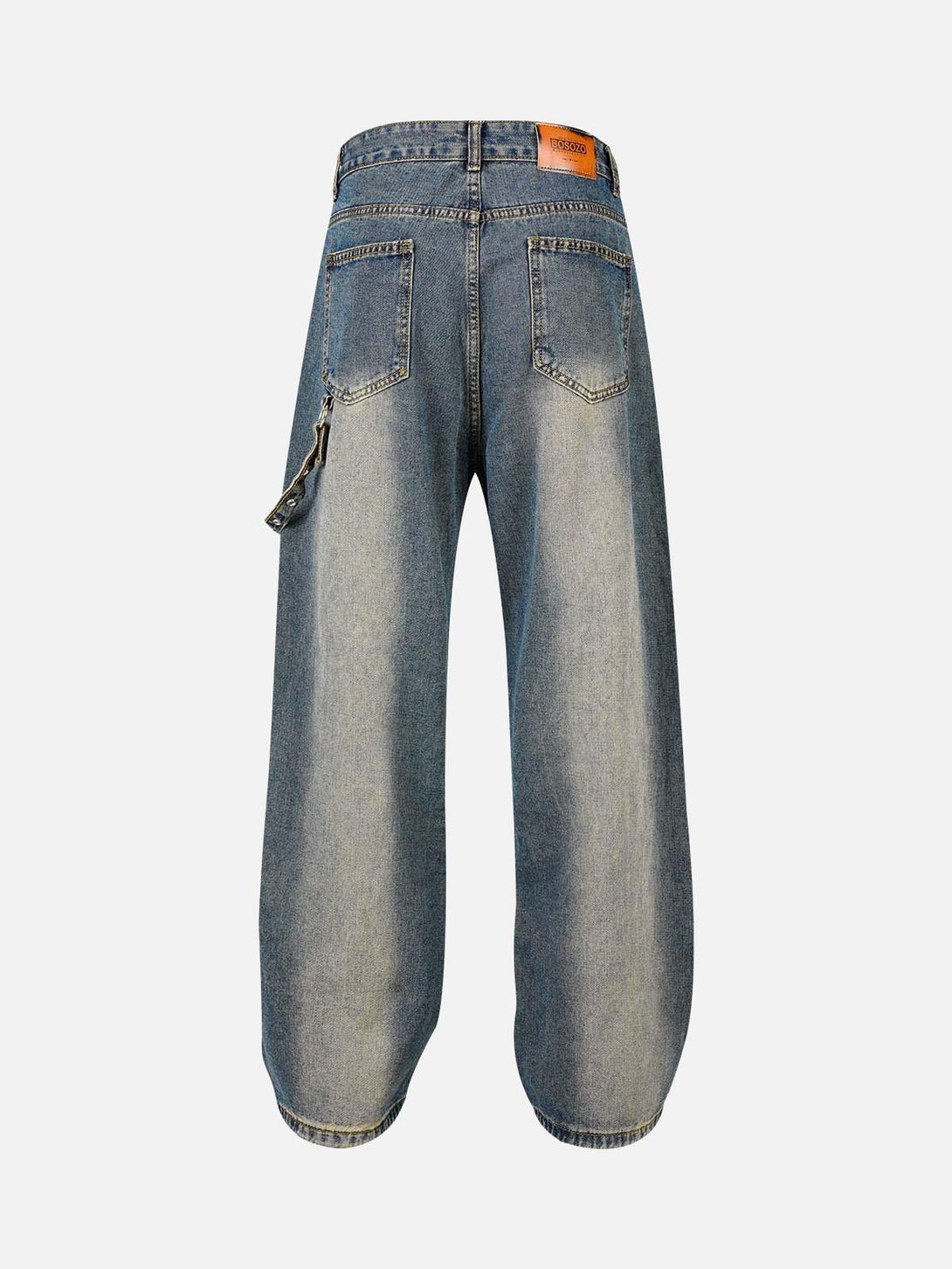 Back view of blue washed distressed baggy jeans by TALISHKO, highlighting casual style.