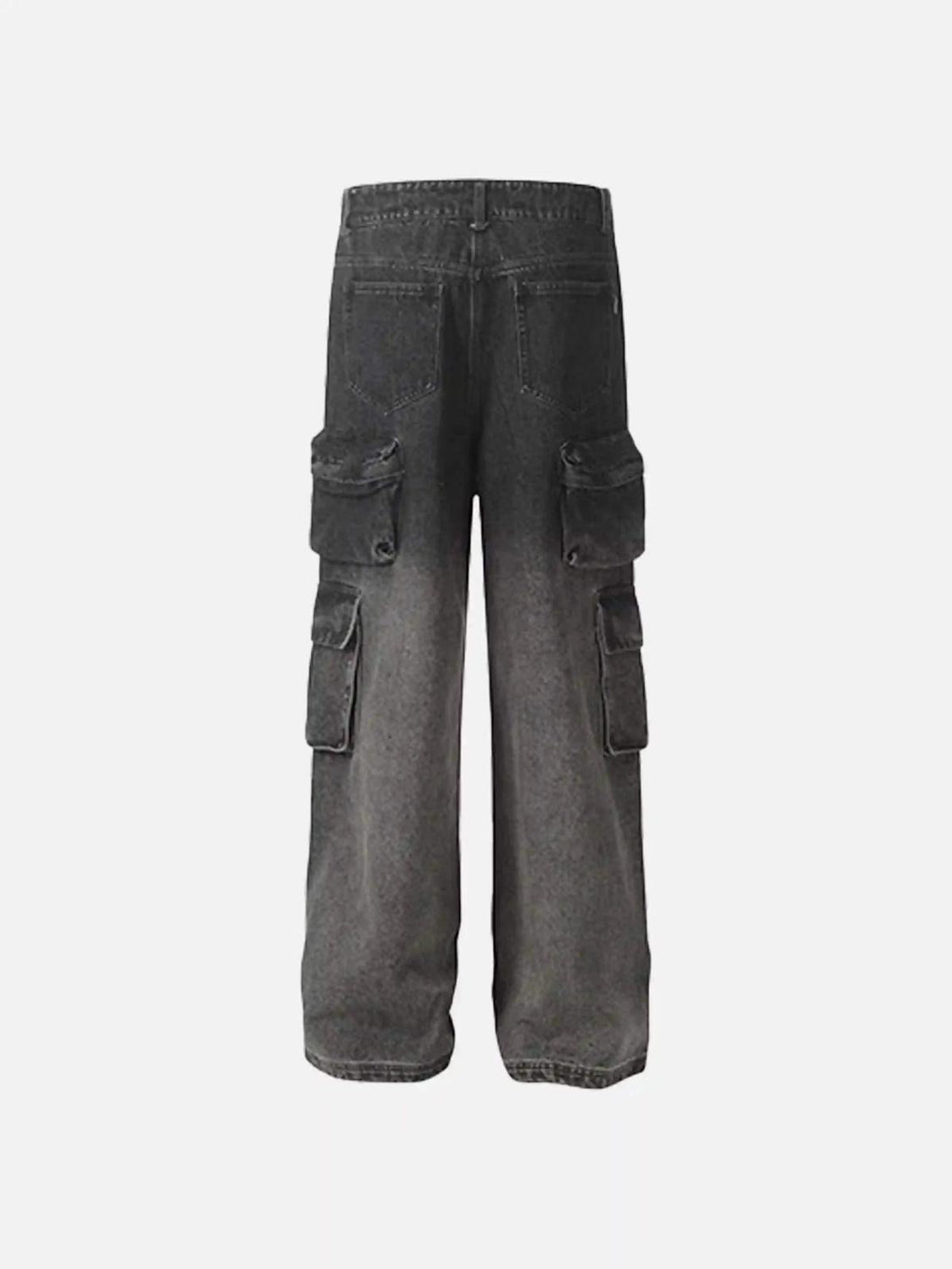 Rear view of washed distressed cargo pocket jeans by TALISHKO, highlighting practical design.