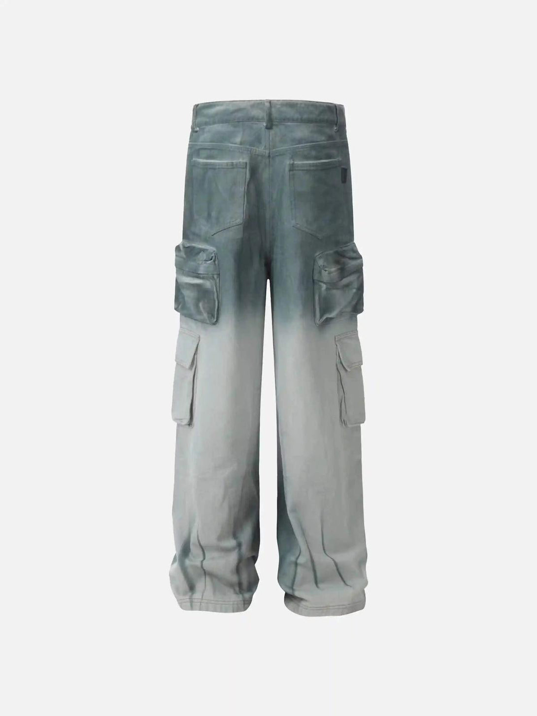 Back view of washed distressed cargo pocket jeans by TALISHKO, emphasizing casual utility.