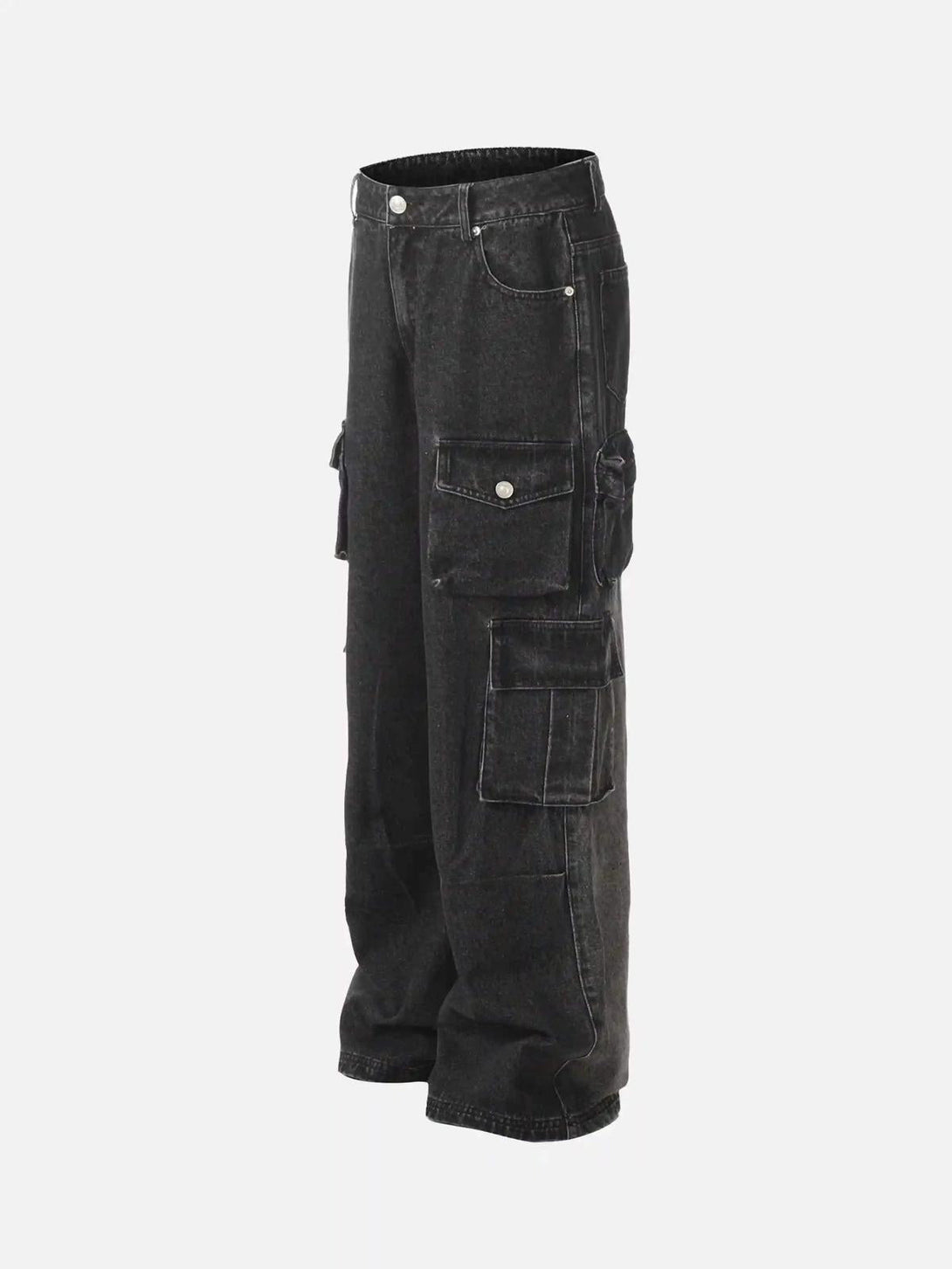 Side view of black washed distressed cargo pocket jeans by TALISHKO, featuring edgy style.