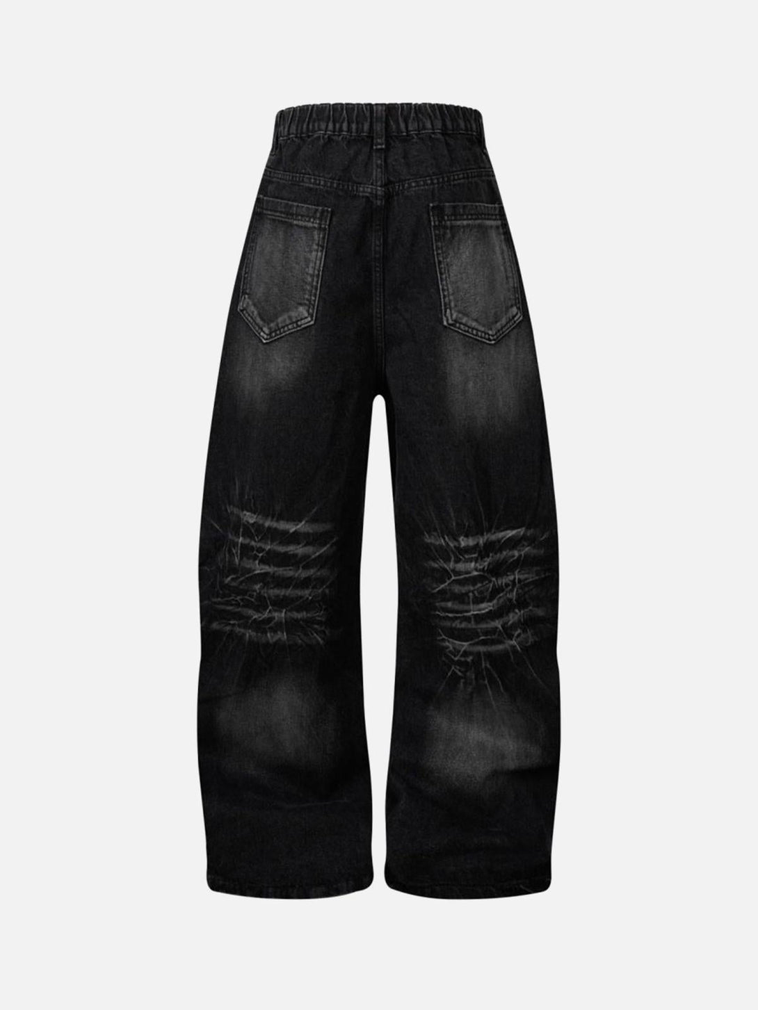 Back view of TALISHKO's washed distressed barrel jeans with elastic waistband and pocket details.