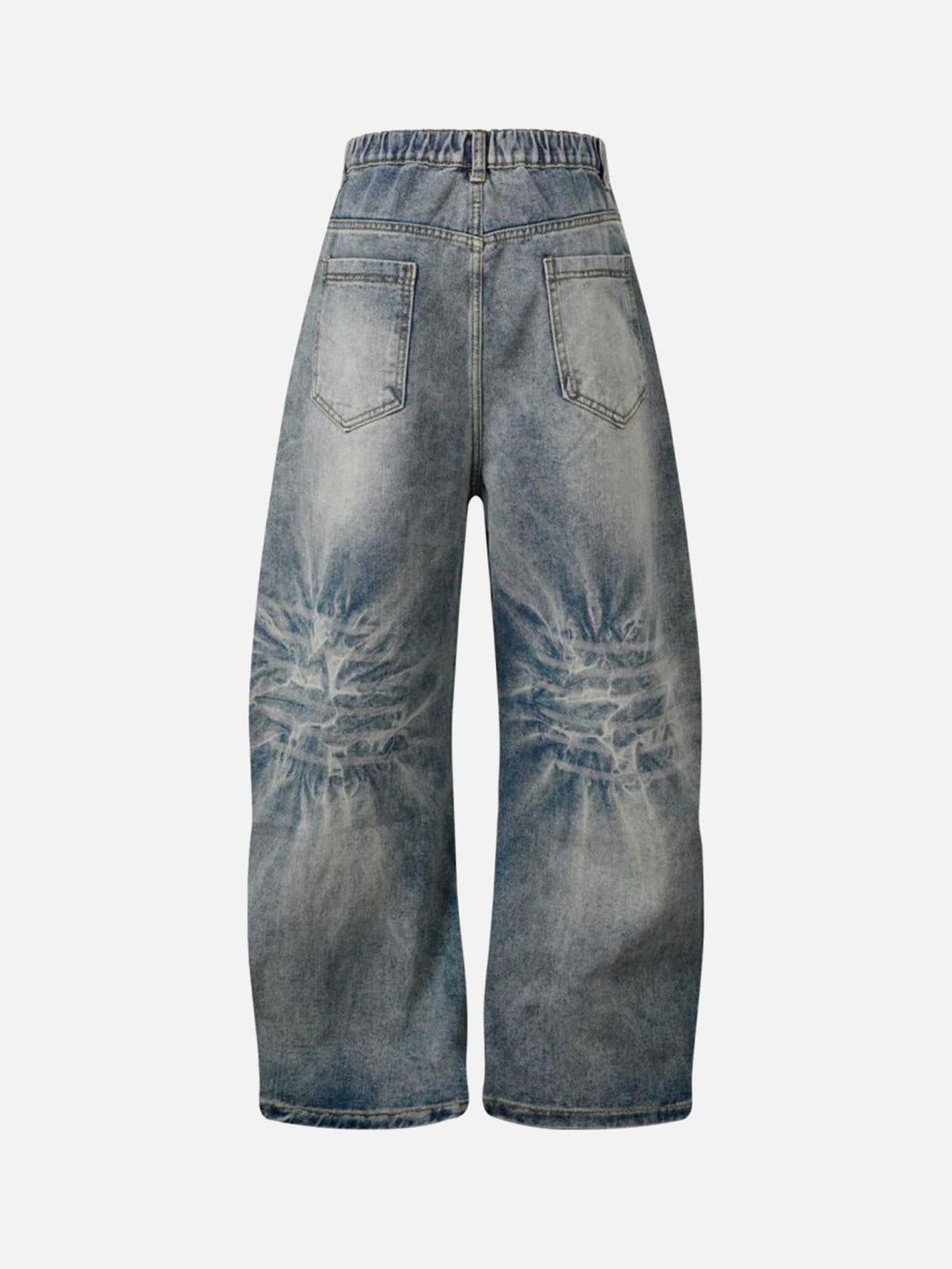 Back view of TALISHKO's deconstructed split barrel jeans, highlighting the washed distressed design.