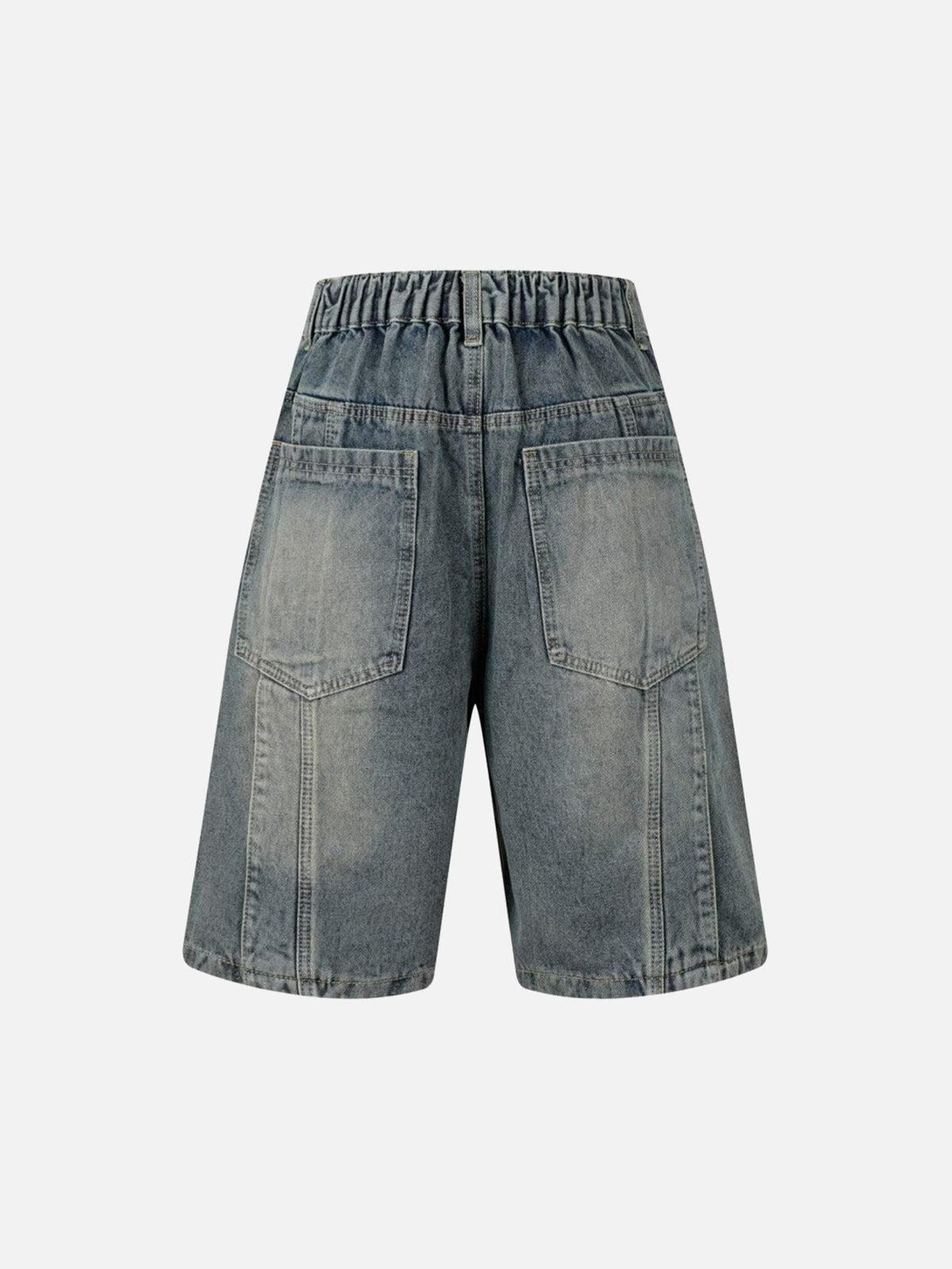 Back view of TALISHKO distressed denim shorts, highlighting large pockets and elastic waistband.
