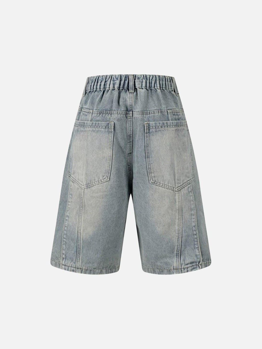Back view of TALISHKO washed denim shorts with an elastic waistband and large pockets.