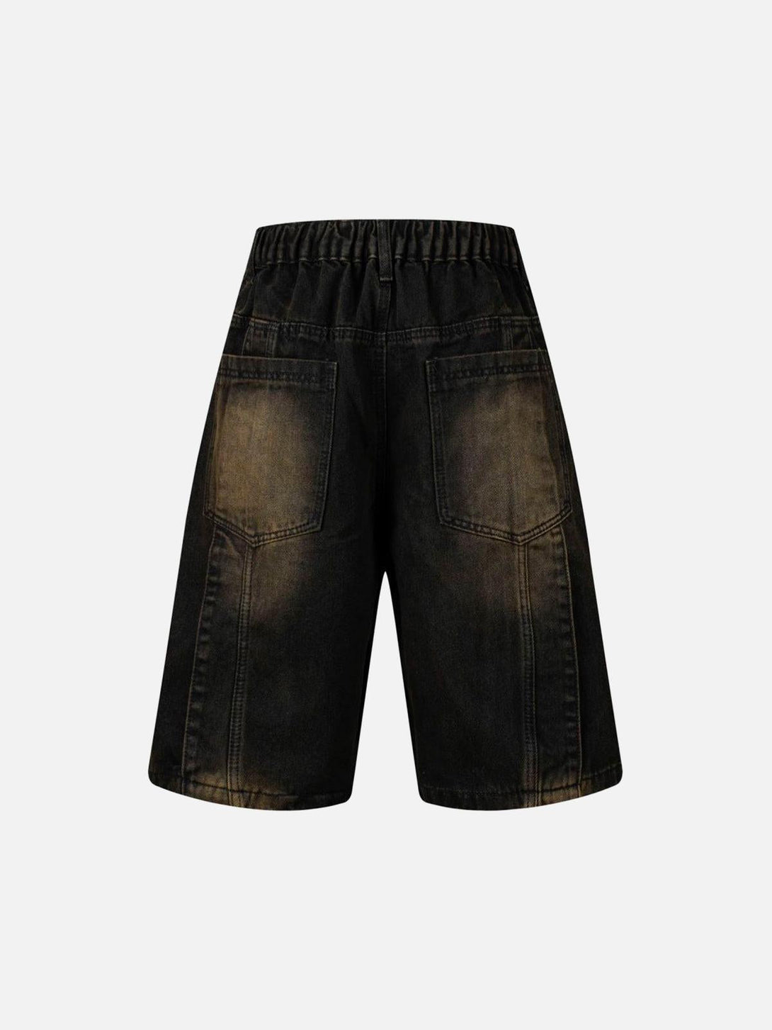 Back view of TALISHKO washed distressed denim shorts with large pockets and an elastic waistband.