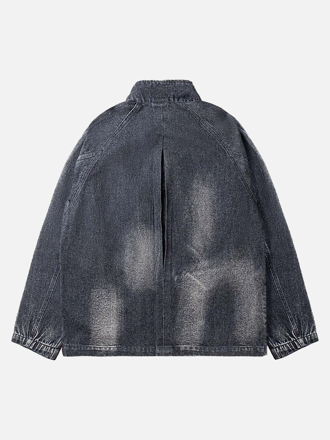 Back view of a washed distressed denim jacket by TALISHKO, featuring a relaxed fit.
