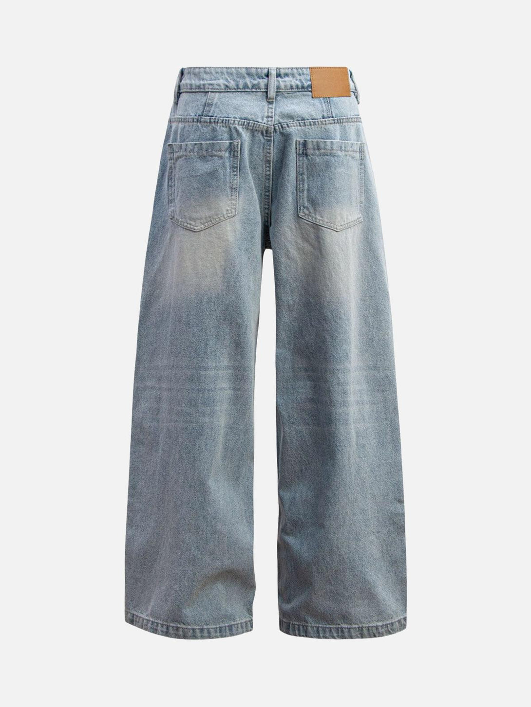 Back view of washed distressed double pleat jeans by TALISHKO, featuring a wide-leg design.
