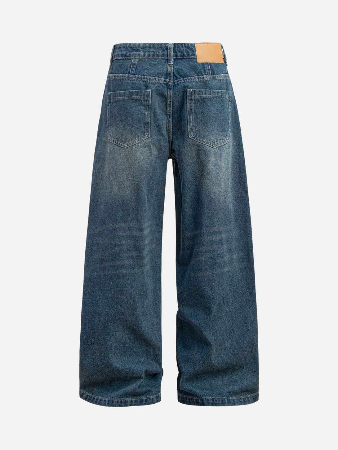 Back view of TALISHKO wide-leg jeans, showcasing washed denim with a casual distressed look.