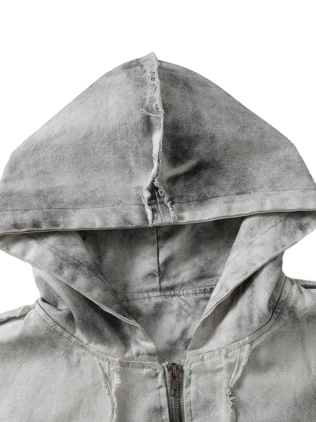 Intricate look at the washed distressed texture of a hooded jacket by TALISHKO.