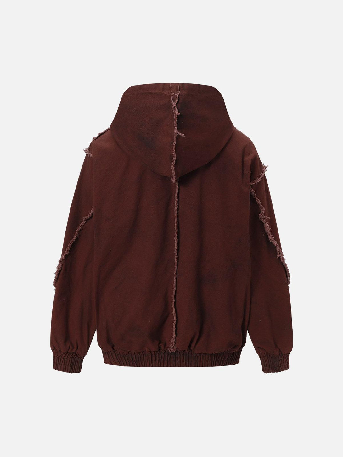 Back view of a brown washed distressed fur hooded jacket by TALISHKO, showcasing edgy style.