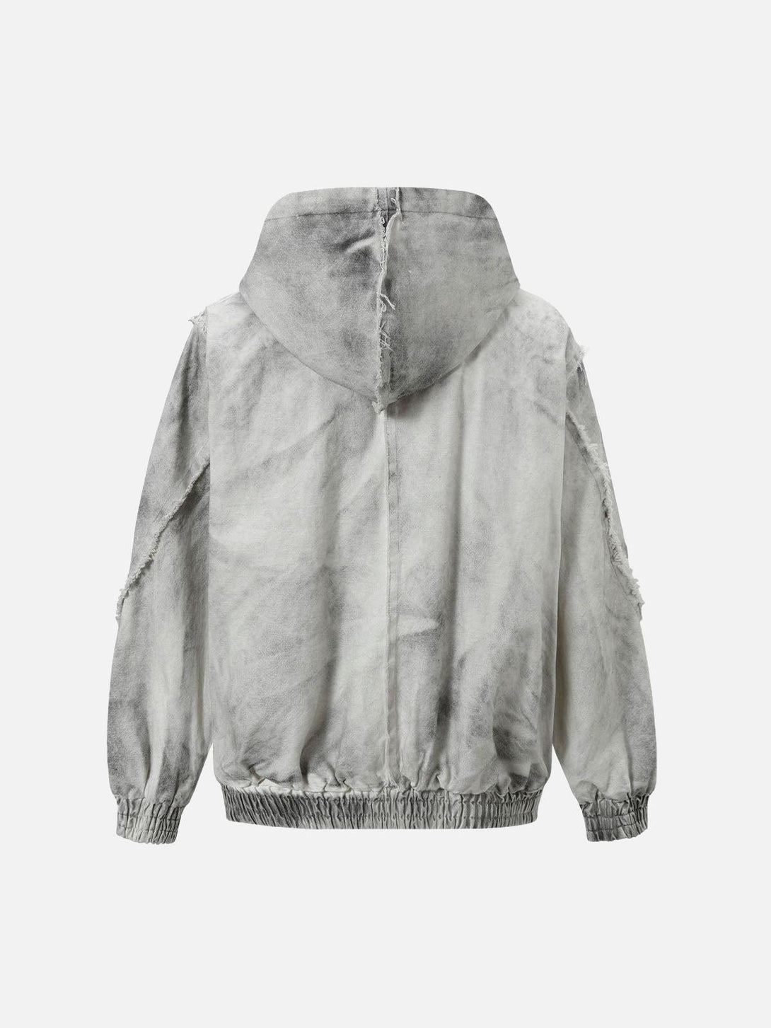 Back view of a washed distressed fur hooded jacket by TALISHKO, featuring rugged texture.