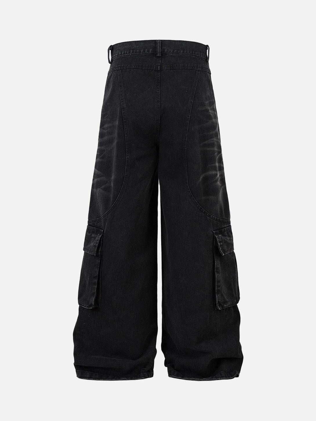 Back view of black washed distressed cargo jeans by TALISHKO, showcasing multiple pockets.