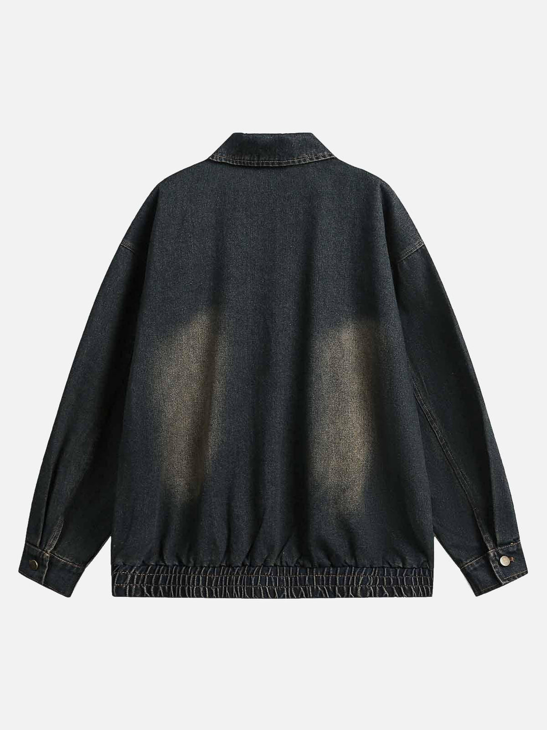Back view of a washed distressed denim jacket by TALISHKO, showcasing elastic hem detail.