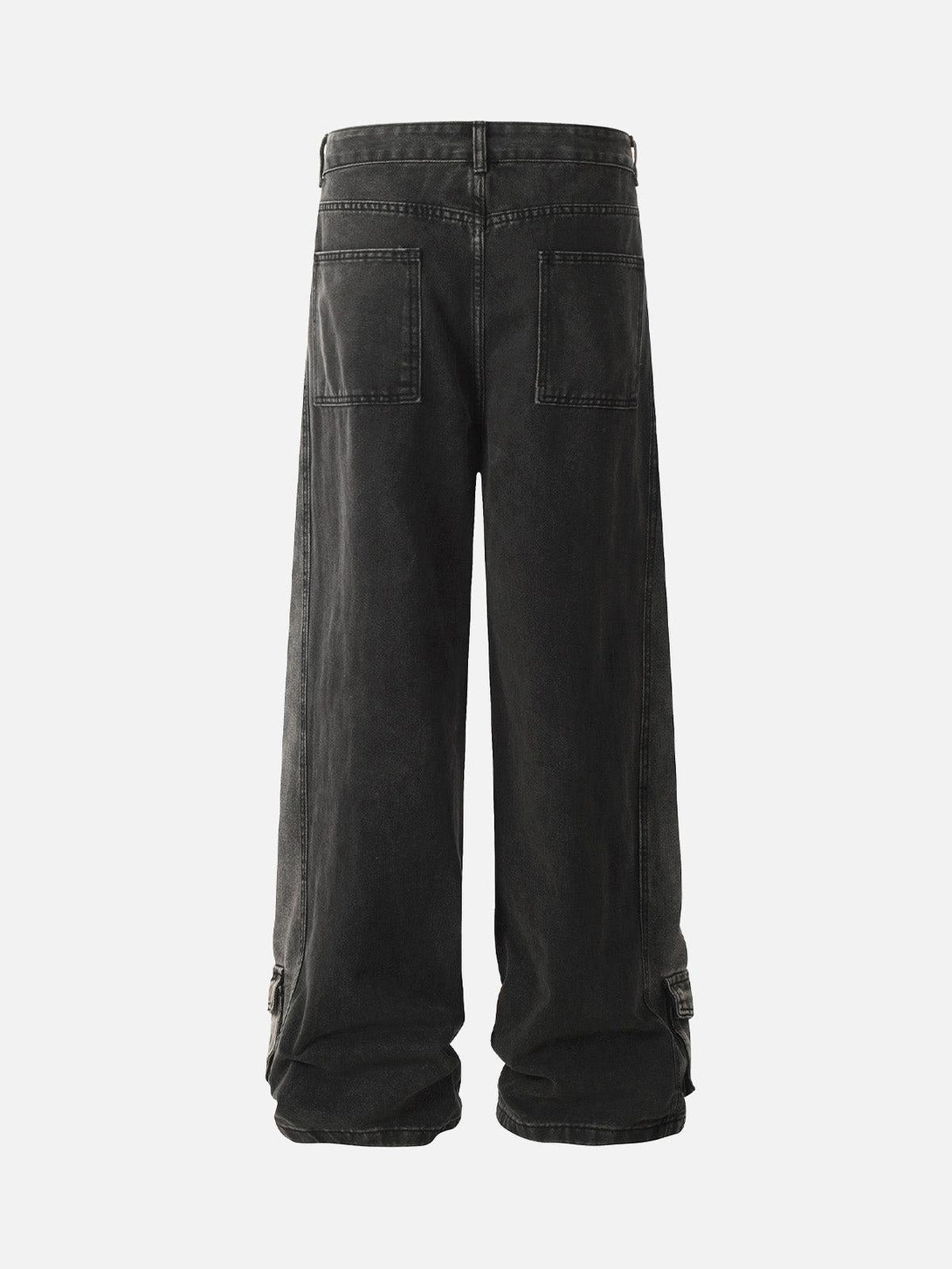 Back view of washed black cargo jeans by TALISHKO, highlighting the distressed multi-pocket design.