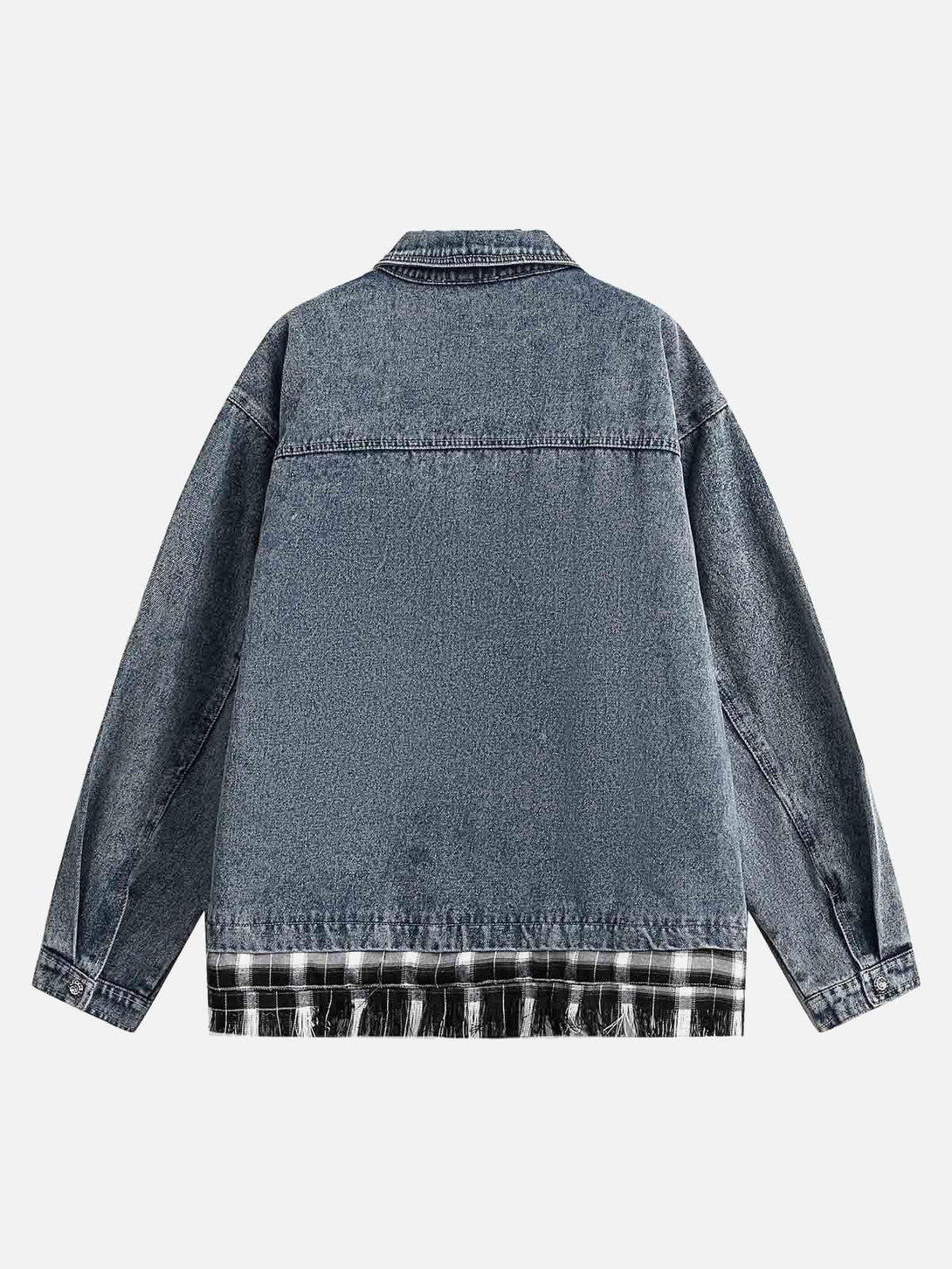 Back view of TALISHKO's denim jacket with plaid patchwork detail, showcasing a unique faux two-piece style.