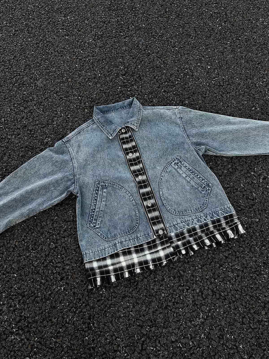 TALISHKO denim jacket with plaid accents and patch pockets, showcasing a stylish faux two-piece look.