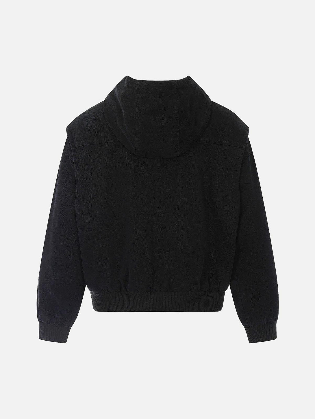 Back view of a black hooded jacket by TALISHKO, highlighting its casual, versatile style.
