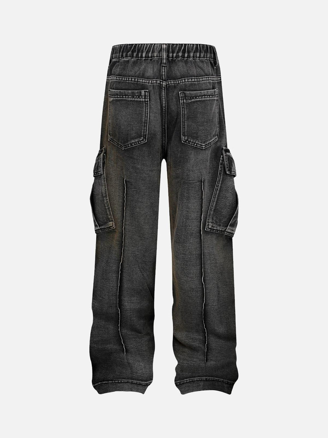 Back view of black washed distressed cargo jeans by TALISHKO, showcasing pleats and pockets.