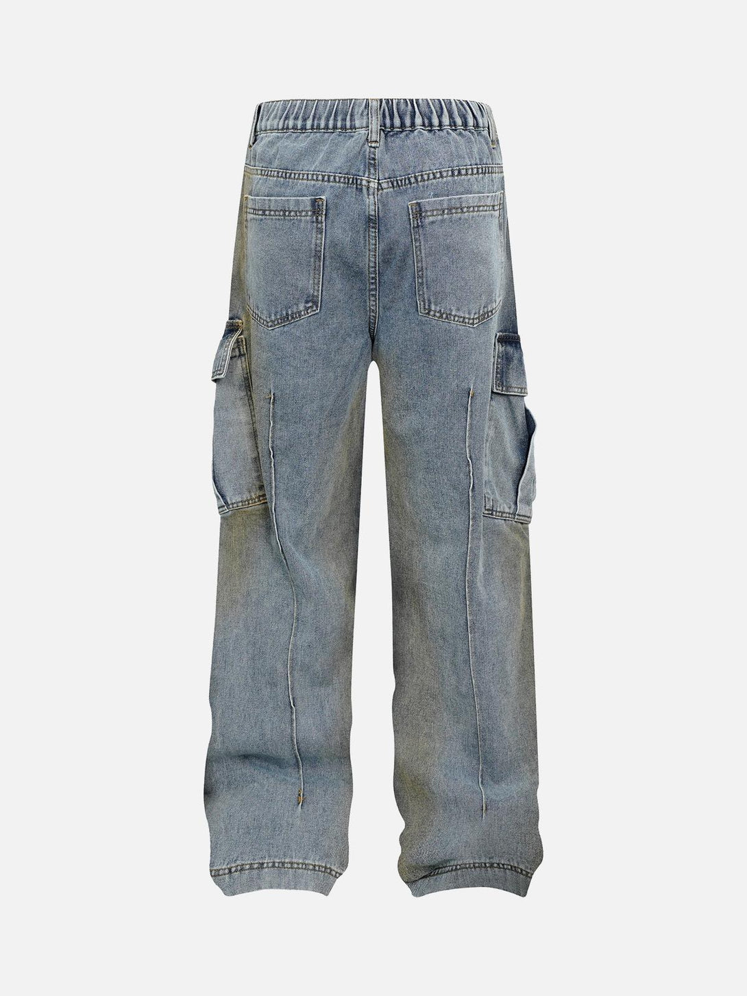 Back view of washed distressed pleated cargo jeans by TALISHKO, featuring multiple pockets.