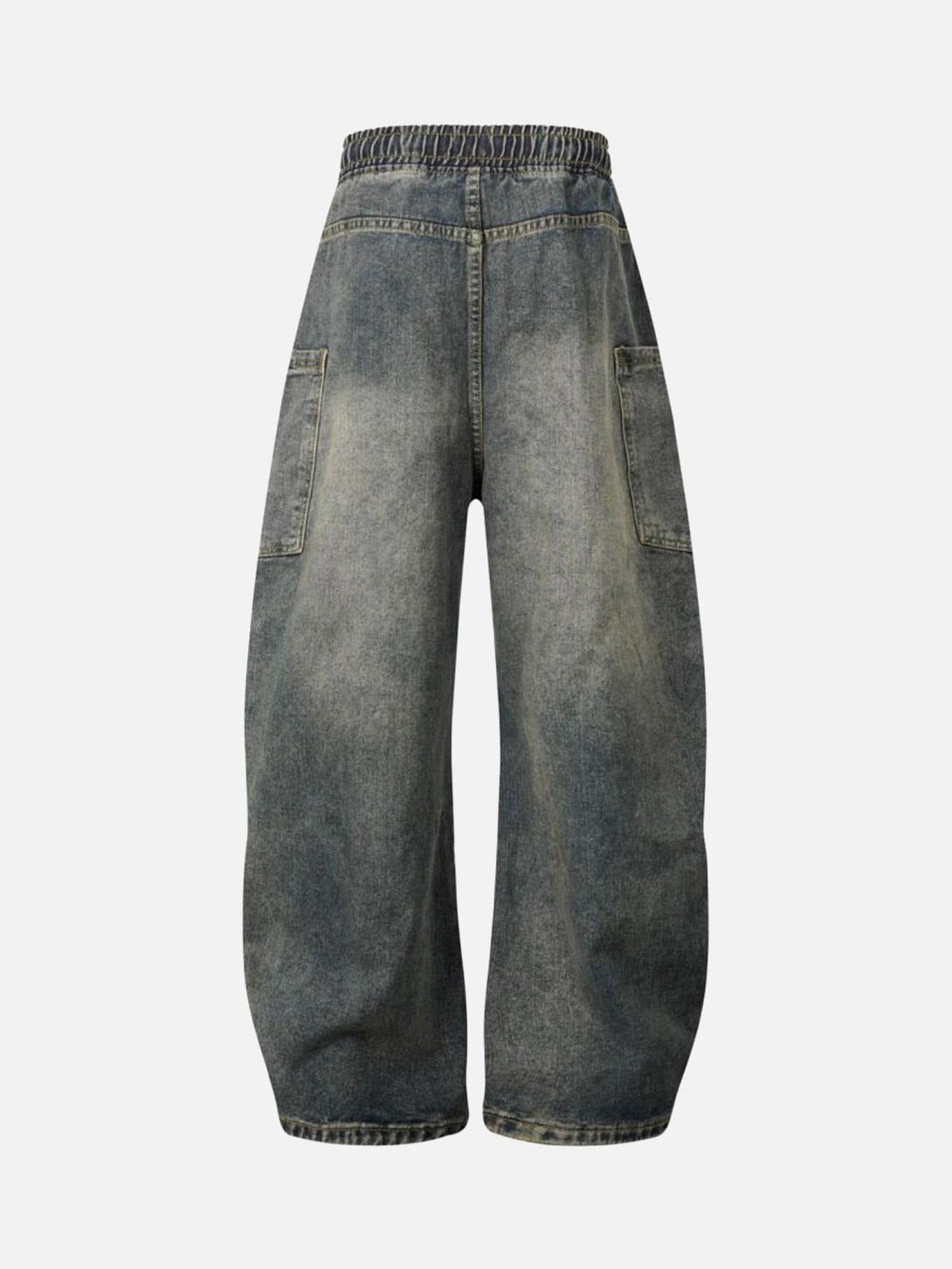 Back view of washed distressed barrel jeans with drawstring by TALISHKO, ideal for casual wear.