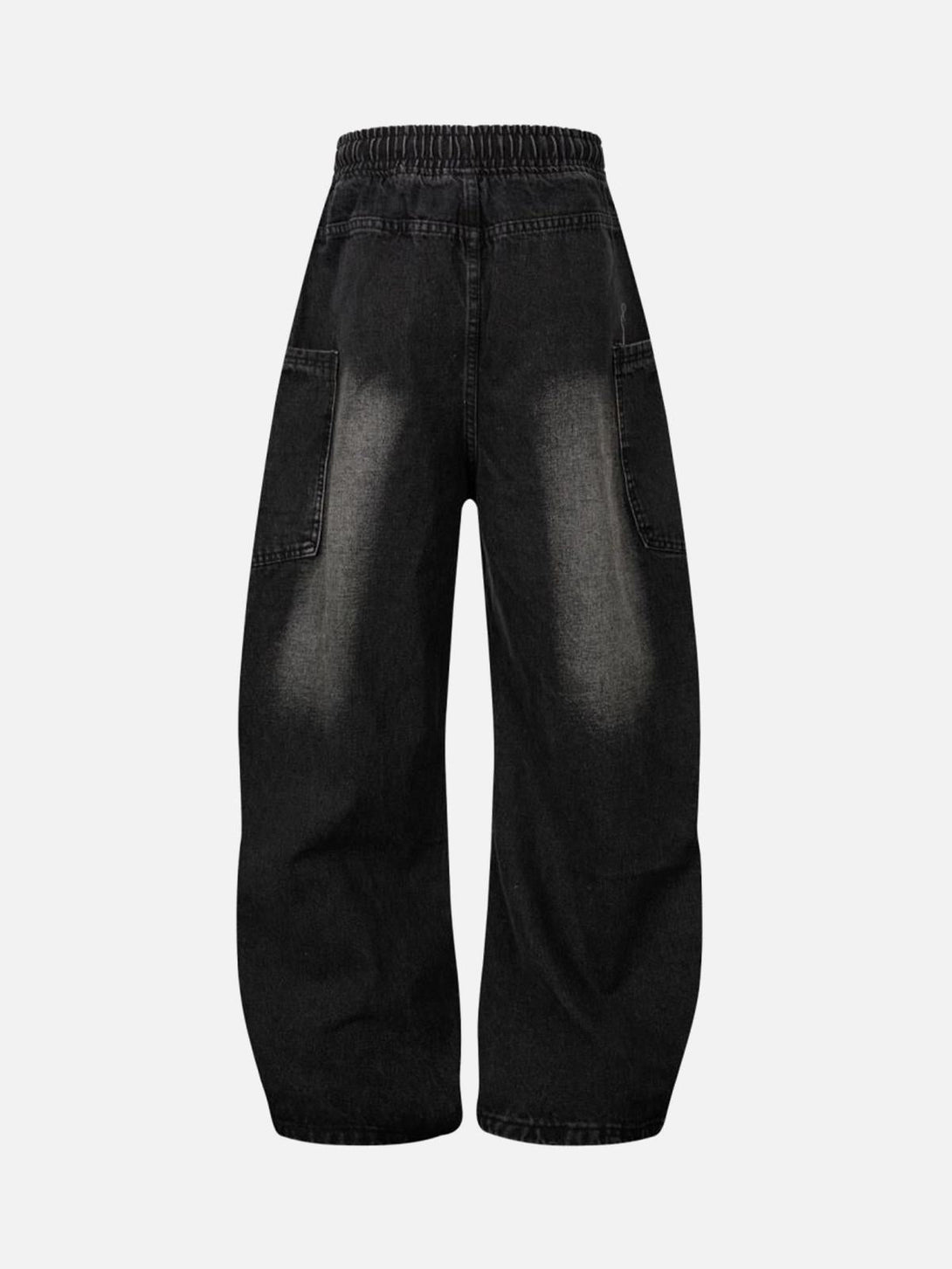 Back view of washed black distressed barrel jeans by TALISHKO, featuring a relaxed fit.