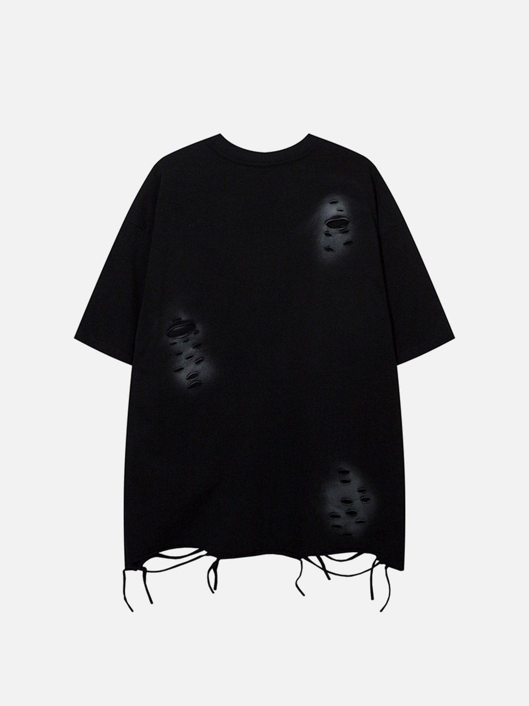 Back view of a black washed distressed tee by TALISHKO, featuring cut-out details and raw hem.
