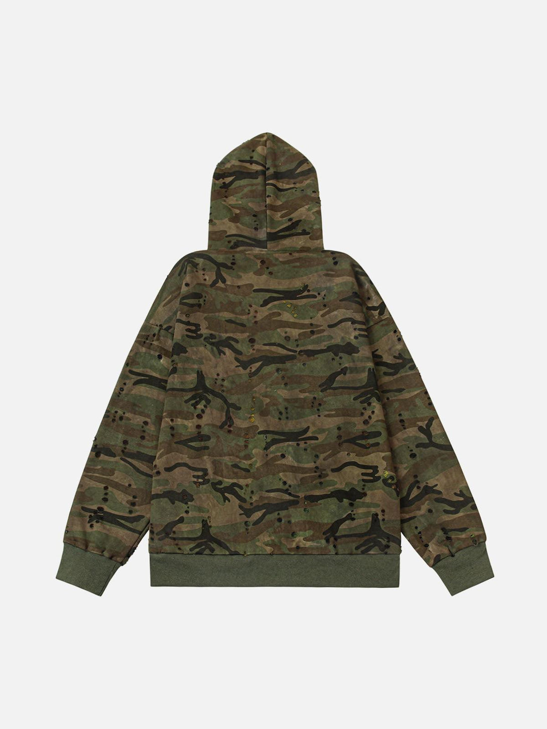 Back view of a camo hooded jacket by TALISHKO, showcasing a washed distressed design.
