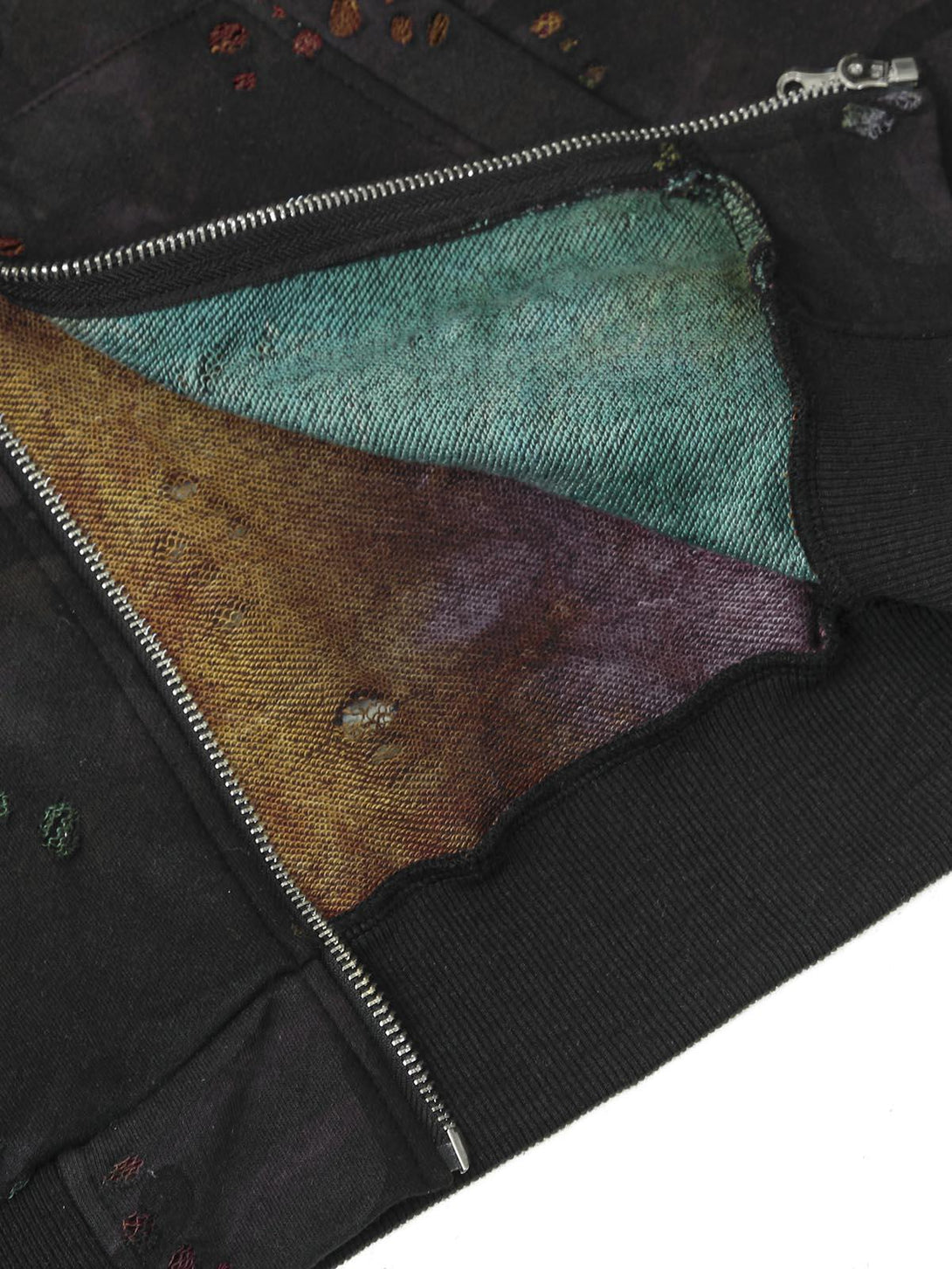 Detailed fabric and stitching on TALISHKO's washed distressed zipper hooded jacket, highlighting colorful textures.