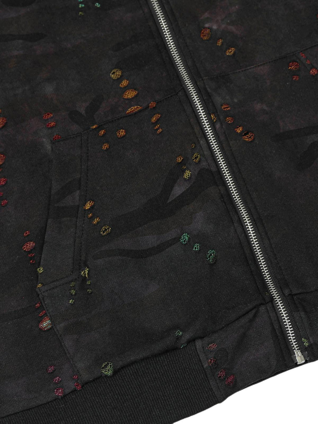 Intricate embroidery detail on TALISHKO's washed distressed jacket, highlighting colorful textures.