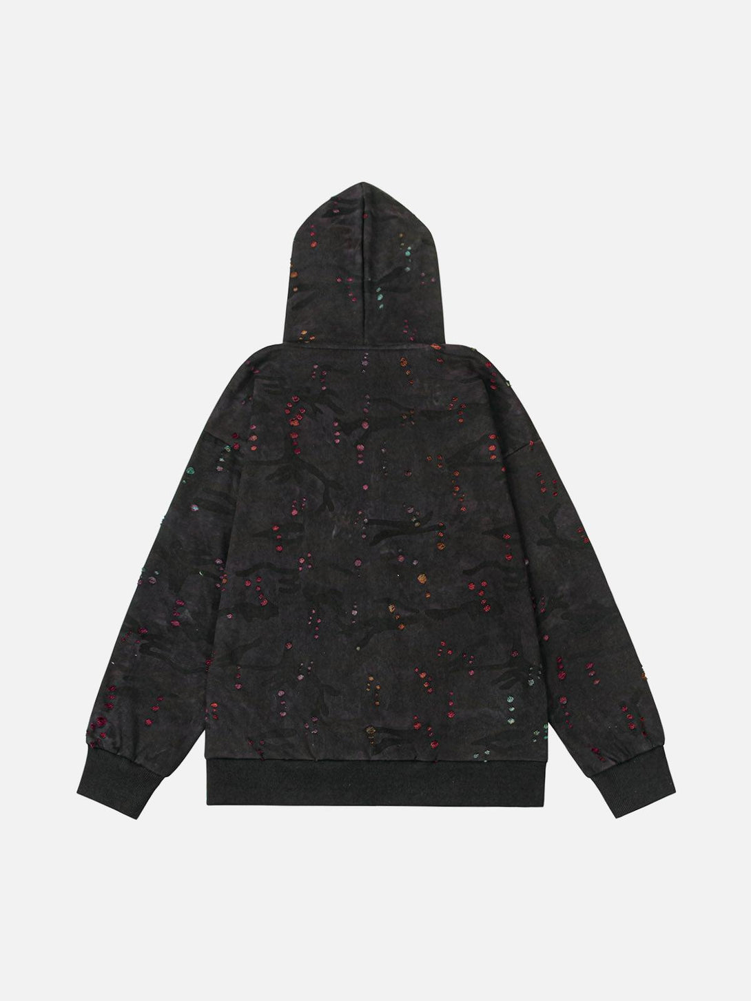 Back view of a washed distressed hooded jacket by TALISHKO, featuring colorful detailing.