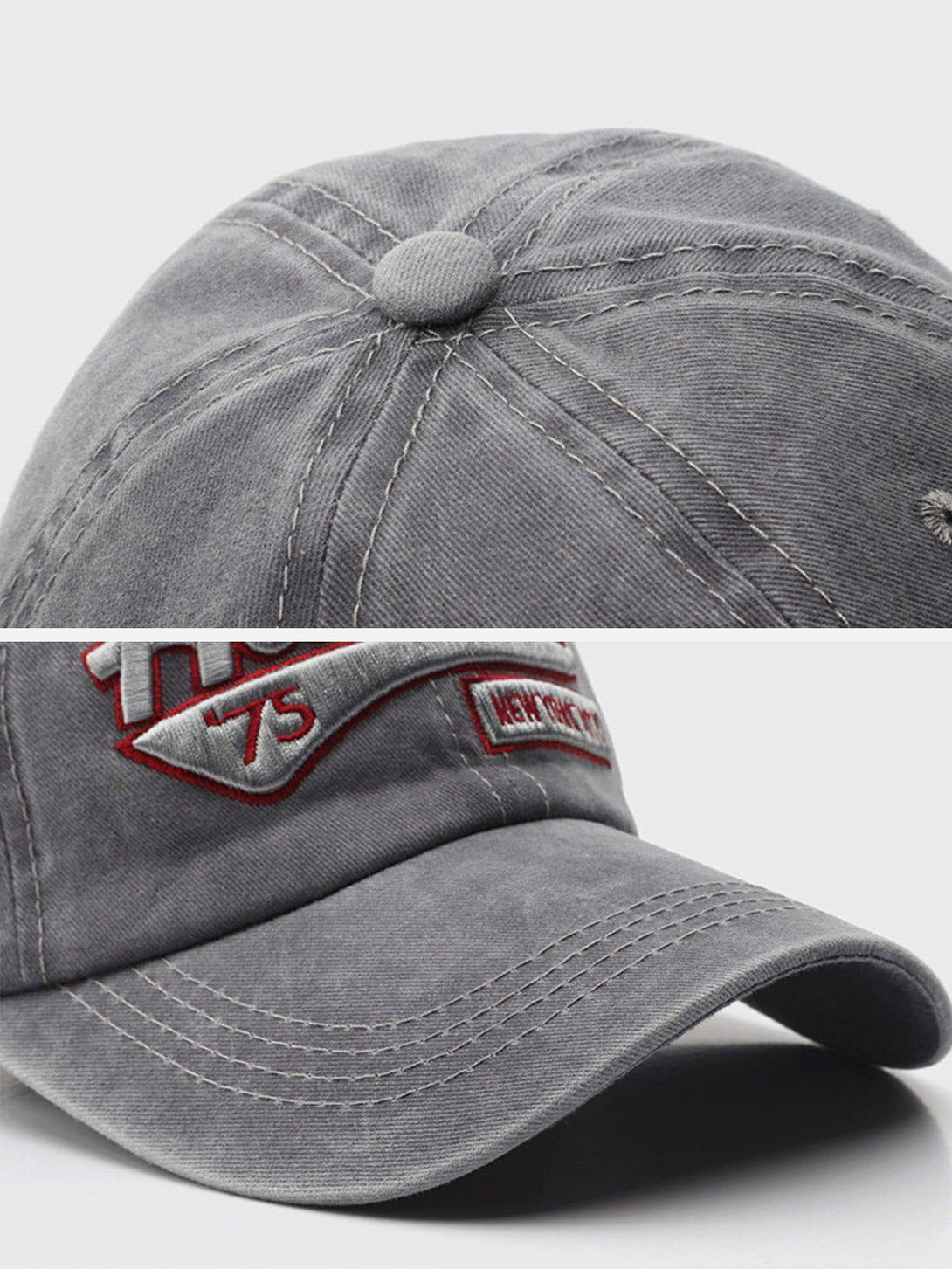 Detailed fabric and stitching of a gray TALISHKO baseball cap with embroidered lettering.