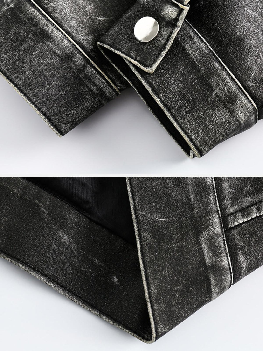 Focusing on the distressed texture and cuff details of the washed faux leather jacket by TALISHKO.